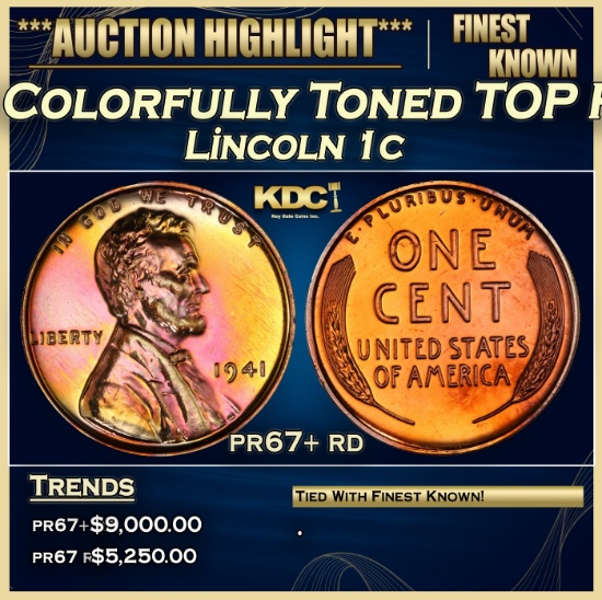 1941 Proof Lincoln Cent Colorfully Toned TOP POP! 1c pr67+ rd SEGS