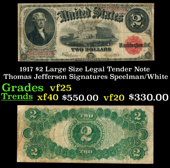 1917 $2 Large Size Legal Tender Note Thomas Jefferson Grades vf+ Signatures Speelman/White