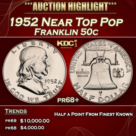 1952 Proof Franklin Half Dollar Near Top Pop 50c pr68+ SEGS