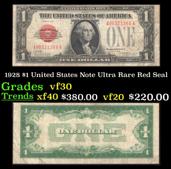 1928 $1 United States Note Ultra Rare Red Seal Grades vf++