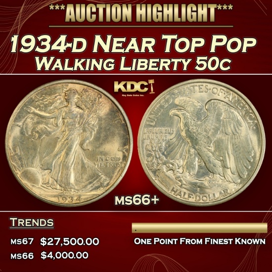 1934-d Walking Liberty Half Dollar Near Top Pop 50c ms66+ SEGS