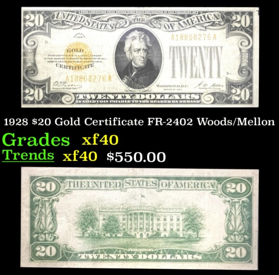 1928 $20 Gold Certificate FR-2402 Woods/Mellon Grades xf