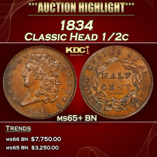 1834 Classic Head half cent 1/2c ms65+ BN SEGS