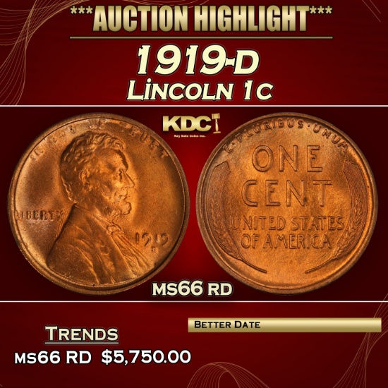 1919-d Lincoln Cent 1c ms66 rd SEGS