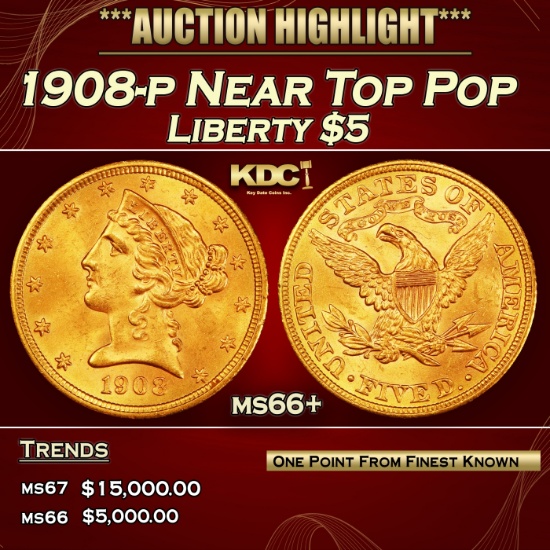1908-p Gold Liberty Half Eagle Near Top Pop $5 ms66+ SEGS