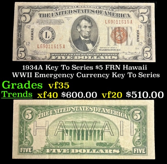 1934A $5 FRN Hawaii WWII Emergency Currency Key To Series Key To Series Grades vf++