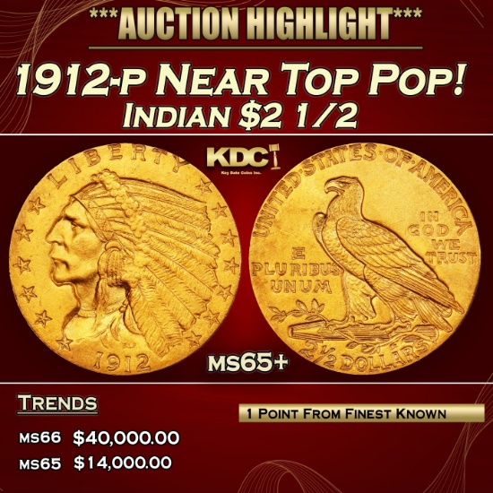1912-p Gold Indian Quarter Eagle Near Top Pop! $2 1/2 ms65+ SEGS