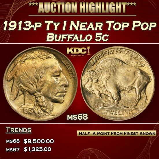 1913-p Ty I Buffalo Nickel Near Top Pop 5c ms68 SEGS
