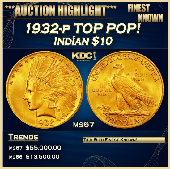 1932-p Gold Indian Eagle TOP POP! $10 ms67 SEGS