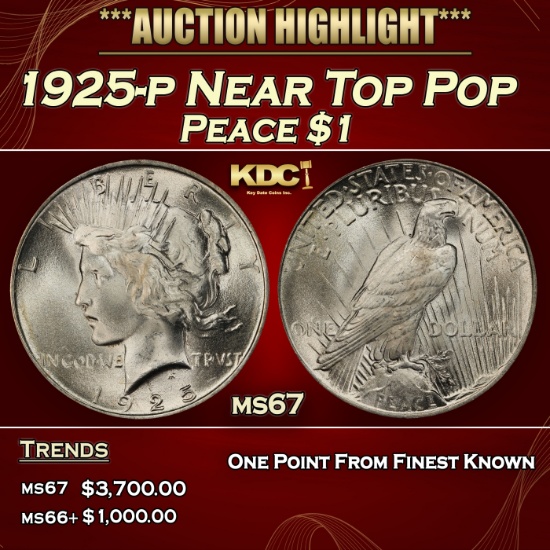1925-p Peace Dollar Near Top Pop $1 ms67 SEGS