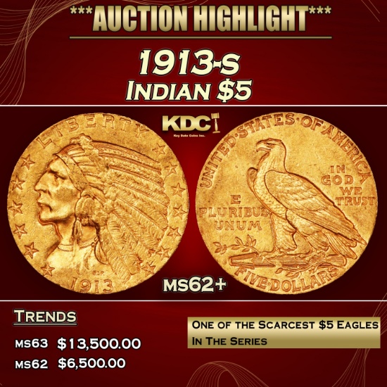 1913-s Gold Indian Half Eagle $5 Select Unc USCG