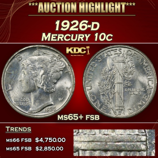1926-d Mercury Dime 10c ms65+ fsb SEGS