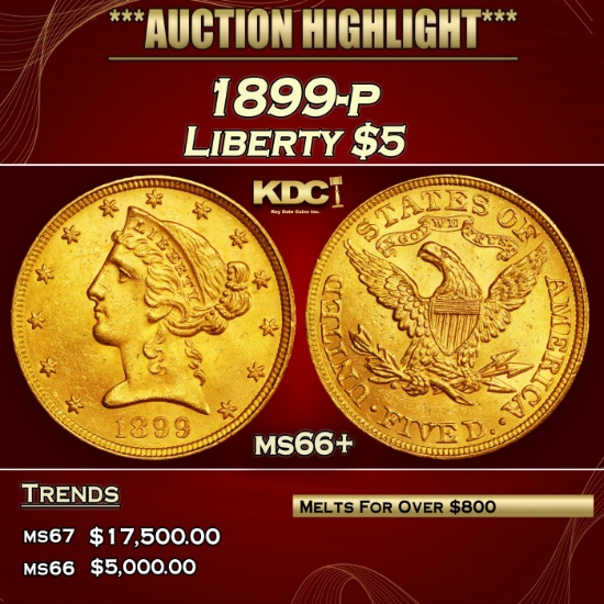 1899-p Gold Liberty Half Eagle $5 ms66+ SEGS