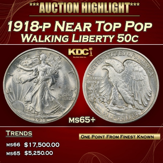 1918-p Walking Liberty Half Dollar Near Top Pop 50c ms65+ SEGS