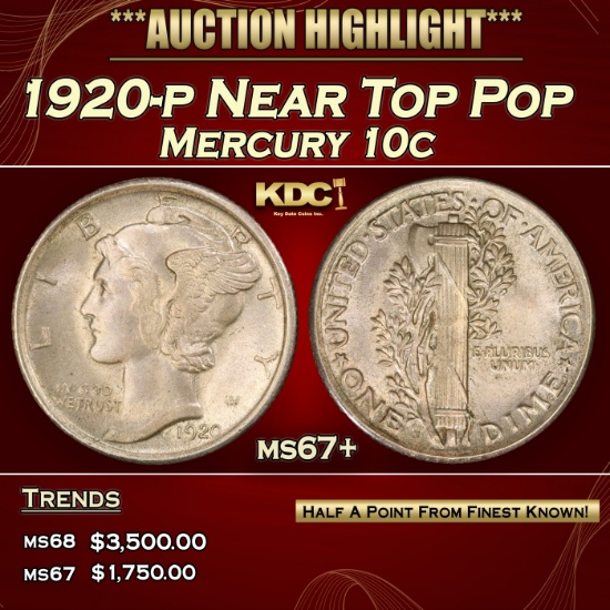 1920-p Mercury Dime Near Top Pop 10c ms67+ SEGS