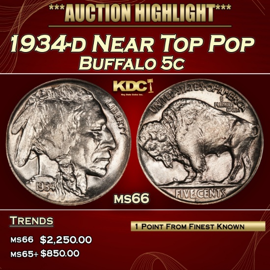 1934-d Buffalo Nickel Near Top Pop 5c ms66 SEGS