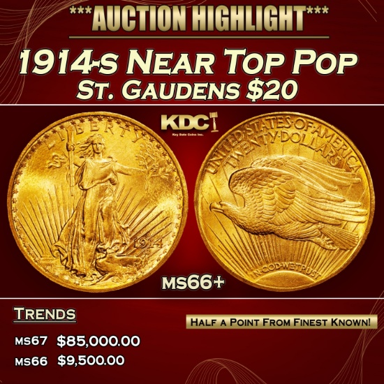1914-s Gold St. Gaudens Double Eagle Near Top Pop $20 ms66+ SEGS