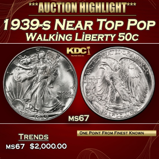 1939-s Walking Liberty Half Dollar Near Top Pop 50c ms67 SEGS