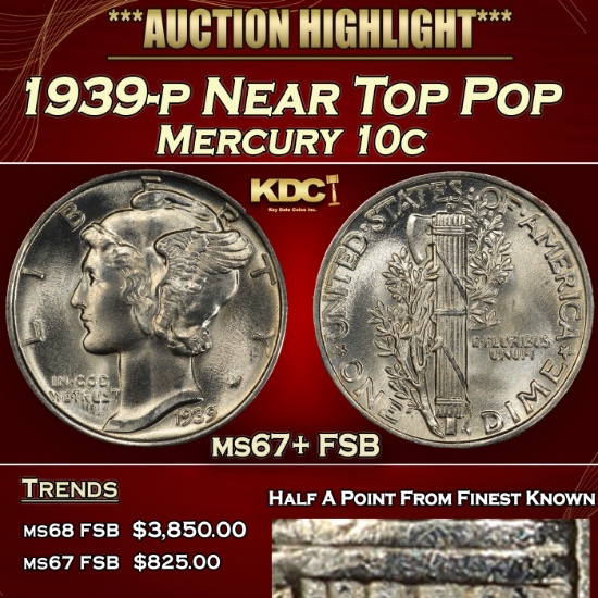 1939-p Mercury Dime Near Top Pop 10c ms67+ FSB SEGS