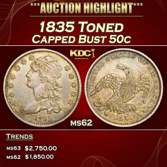 1835 Capped Bust Half Dollar Toned 50c ms62 USCG