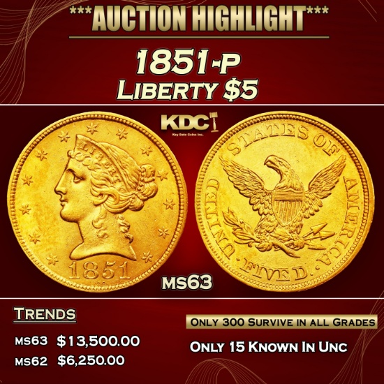 1851-p Gold Liberty Half Eagle $5 ms63 SEGS