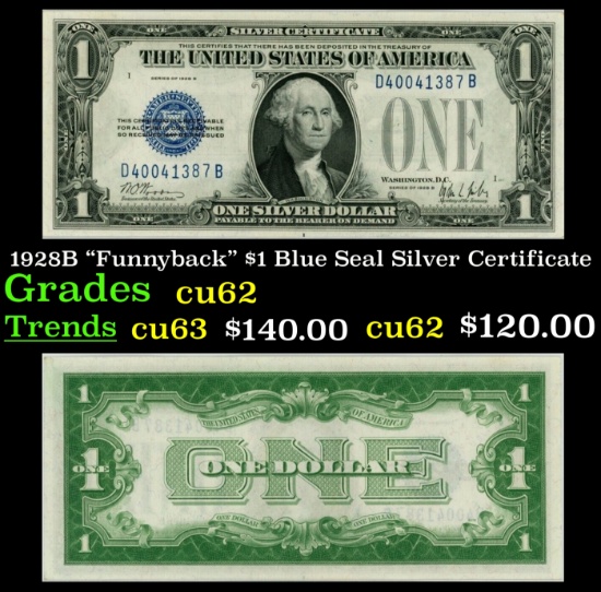 1928B $1 Blue Seal Silver Certificate "Funnyback" Grades Select CU