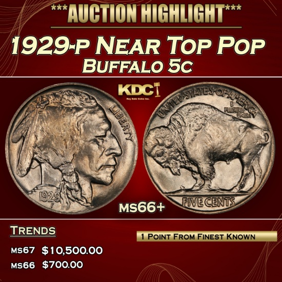 1929-p Buffalo Nickel Near Top Pop 5c ms66+ SEGS