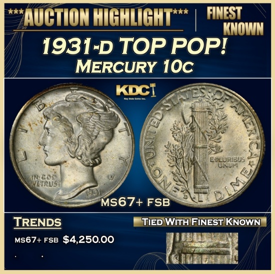 1931-d Mercury Dime TOP POP! 10c ms67+ fsb SEGS