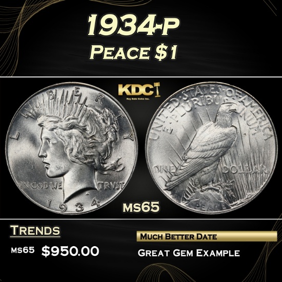 1934-p Peace Dollar $1 Grades ms65