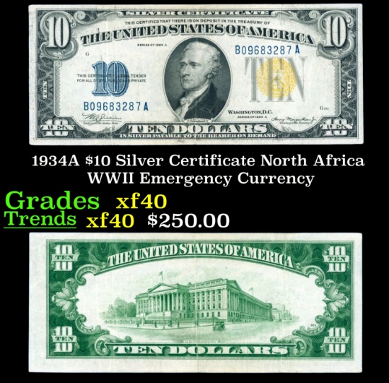 1934A $10 Silver Certificate North Africa WWII Emergency Currency Grades xf
