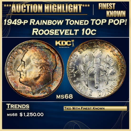1949-p Roosevelt Dime Rainbow Toned TOP POP! 10c ms68 SEGS