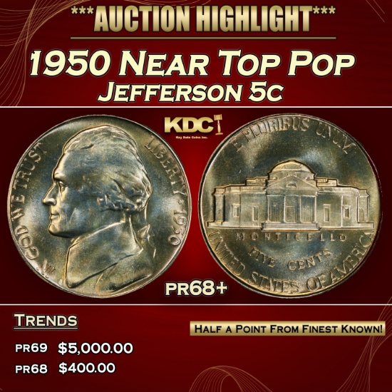 1950 Proof Jefferson Nickel Near Top Pop 5c pr68+ SEGS