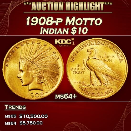 1908-p Motto Gold Indian Eagle $10 ms64+ SEGS