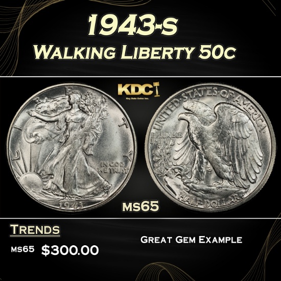 1943-s Walking Liberty Half Dollar 50c Grades GEM Unc