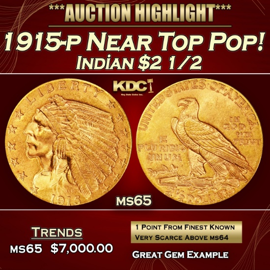 1915-p Gold Indian Quarter Eagle Near Top Pop! $2 1/2 ms65 SEGS