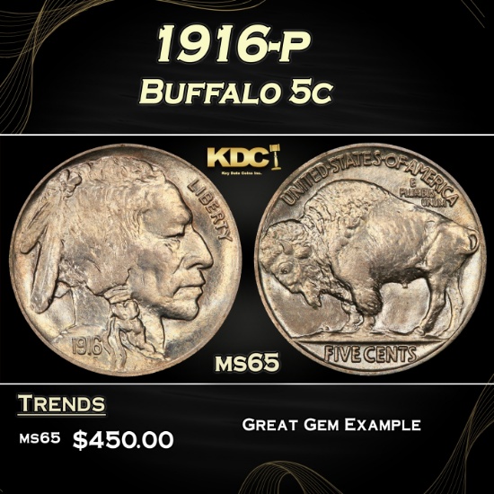 1916-p Buffalo Nickel 5c Grades ms65