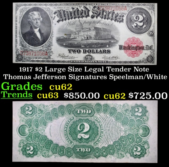 1917 $2 Large Size Legal Tender Note Thomas Jefferson Grades Select CU Signatures Speelman/White