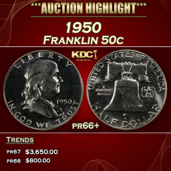 1950 Proof Franklin Half Dollar 50c pr66+ SEGS