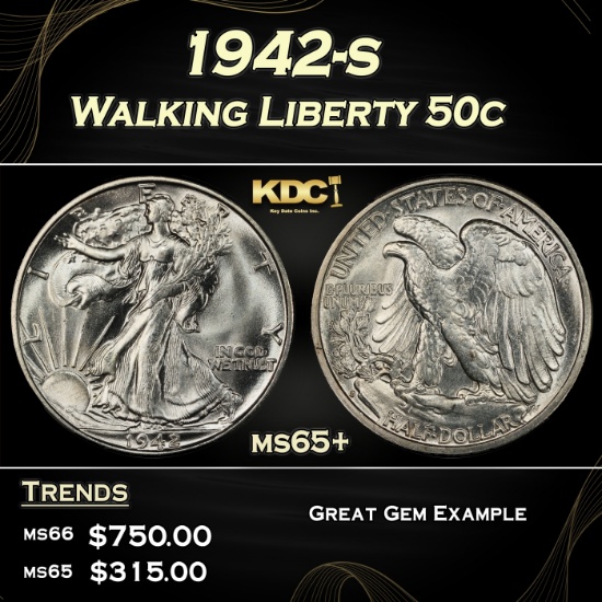 1942-s Walking Liberty Half Dollar 50c Grades GEM+ Unc