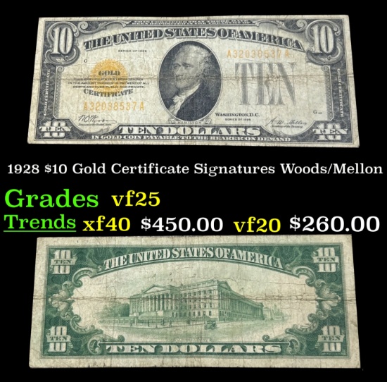 1928 $10 Gold Certificate Signatures Woods/Mellon Grades vf+