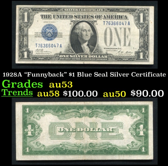 1928A $1 Blue Seal Silver Certificate "Funnyback" Grades Select AU