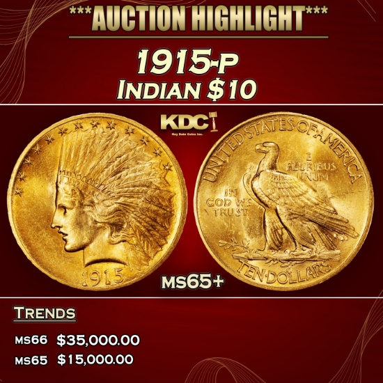 1915-p Gold Indian Eagle $10 ms65+ SEGS
