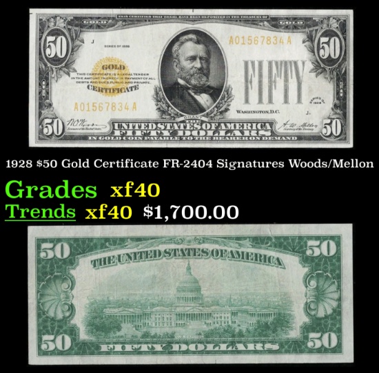 1928 $50 Gold Certificate FR-2404 Signatures Woods/Mellon Grades xf