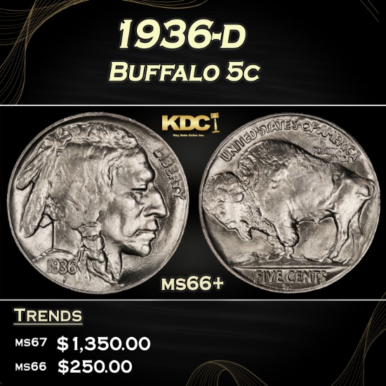 1936-d Buffalo Nickel 5c Grades ms66+