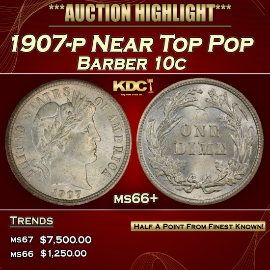 1907-p Barber Dime Near Top Pop 10c ms66+ SEGS