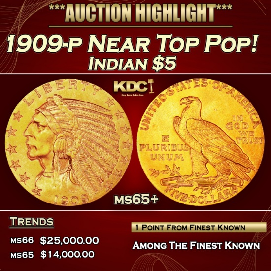 1909-p Gold Indian Half Eagle Near Top Pop! $5 GEM+ Unc USCG