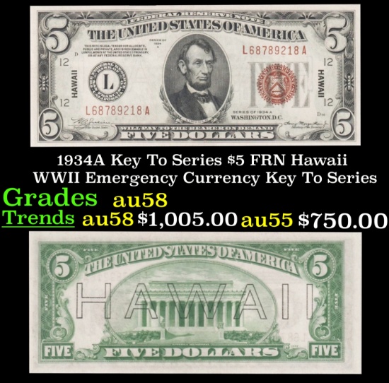1934A $5 FRN Hawaii WWII Emergency Currency Key To Series Key To Series Grades Choice AU/BU Slider