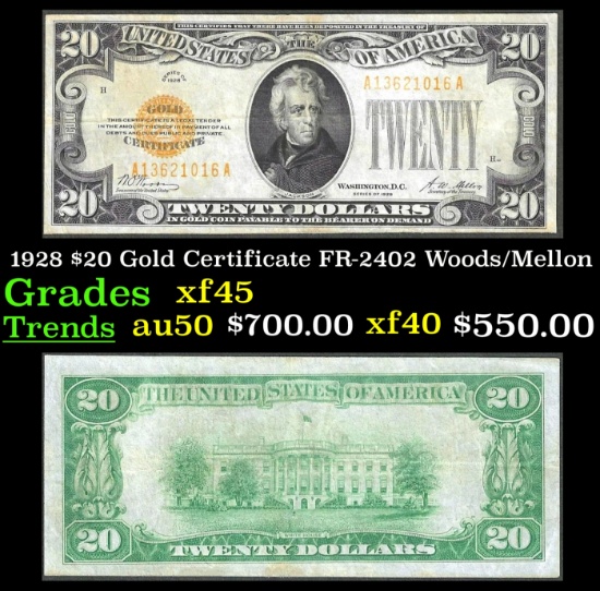 1928 $20 Gold Certificate FR-2402 Woods/Mellon Grades xf+