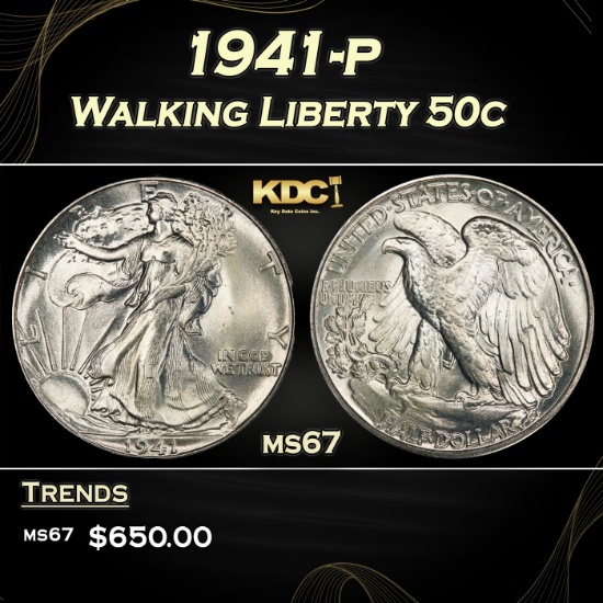 1941-p Walking Liberty Half Dollar 50c ms67 SEGS