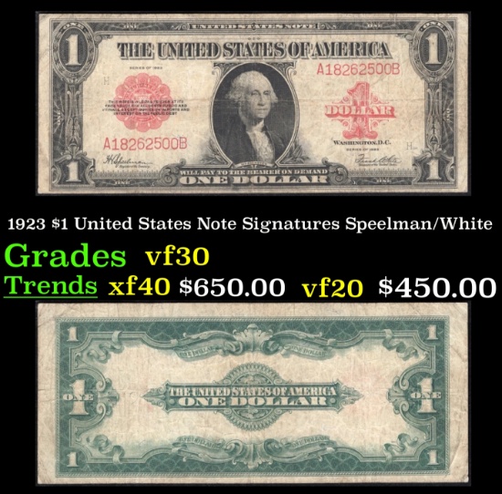 1923 $1 United States Note Grades vf++ Signatures Speelman/White